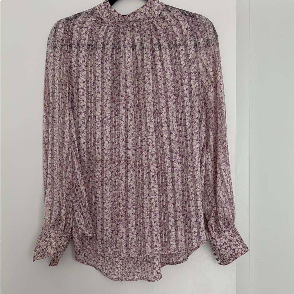H&M Pink and White Pleated Long Sleeve Blouse